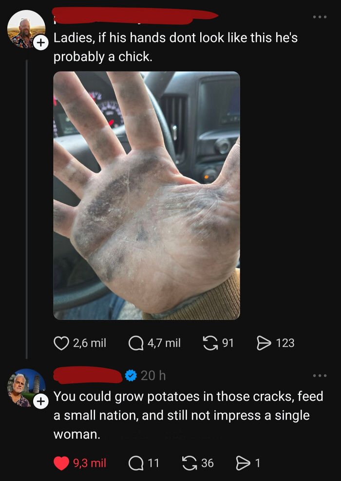 Social media post showing epic burns with a close-up of a dirty hand and witty insult about hands cracks.