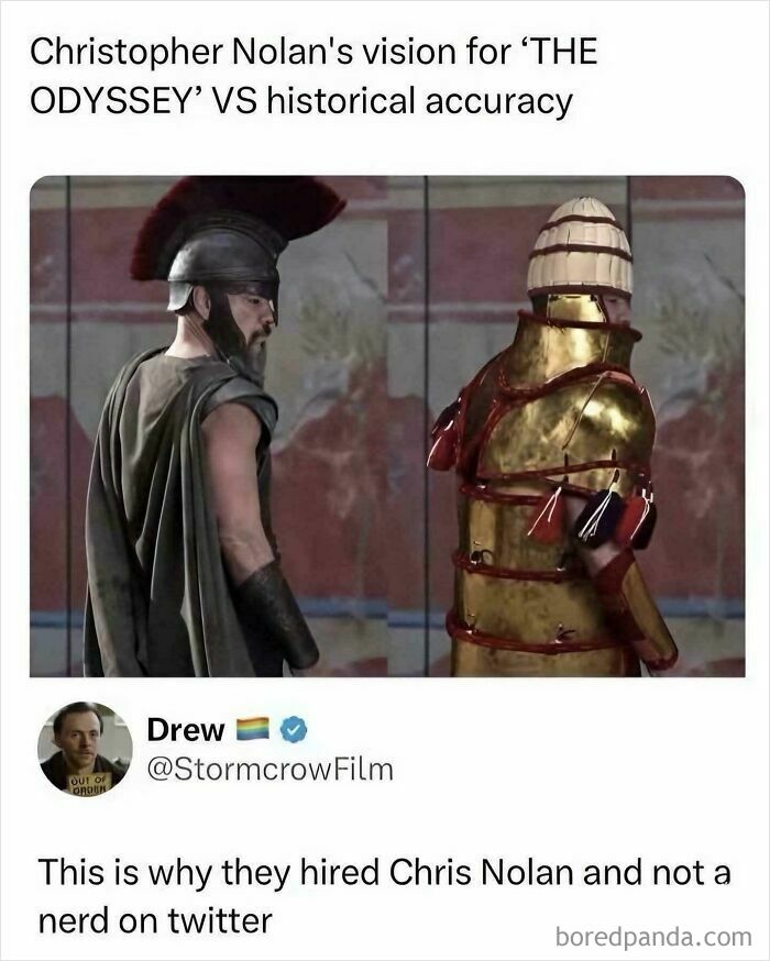 Comparison of Christopher Nolan’s vision for The Odyssey versus historical accuracy in a history class meme.