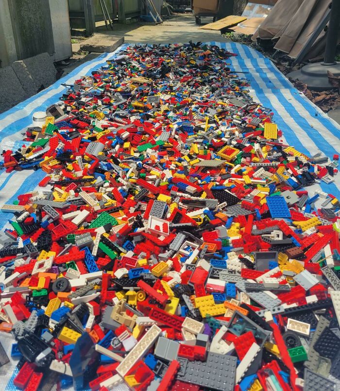 Colorful Lego pieces spread out on a tarp, showcasing a unique job that makes a 9-to-5 more bearable.