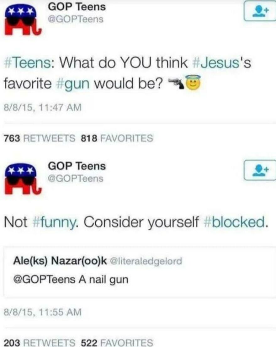 Screenshot of a Twitter exchange showing a horrible joke about Jesus's favorite gun receiving angry upvotes and blocks.
