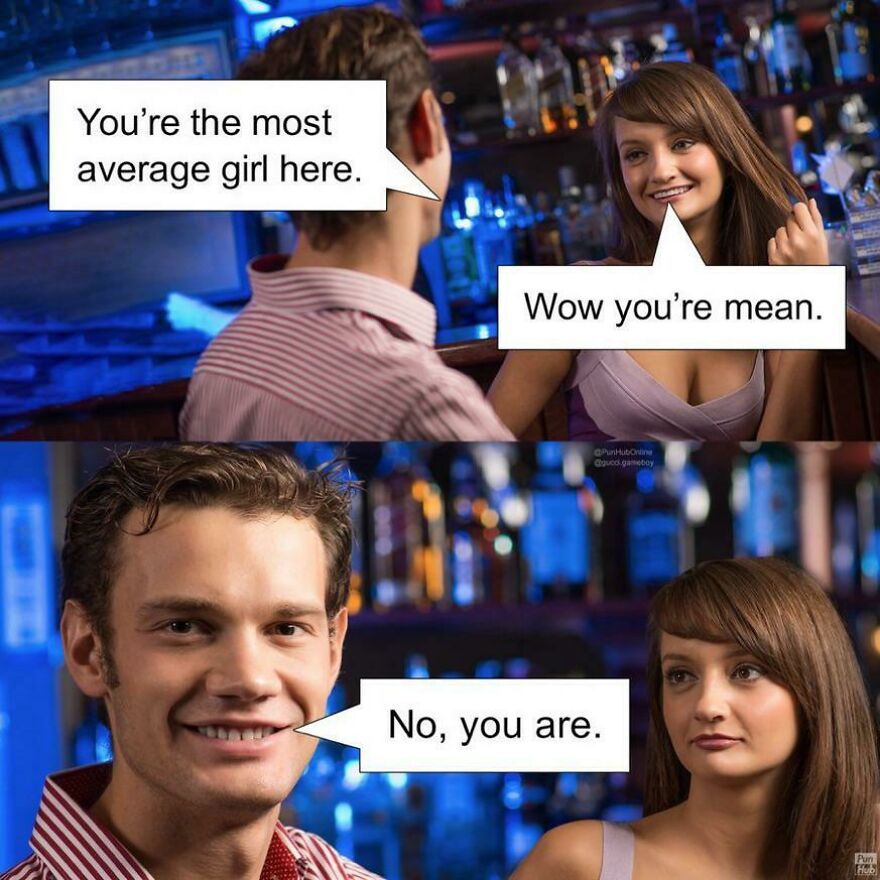 A man and woman in a bar exchanging a horrible joke, highlighting moments that earned angry upvotes online.