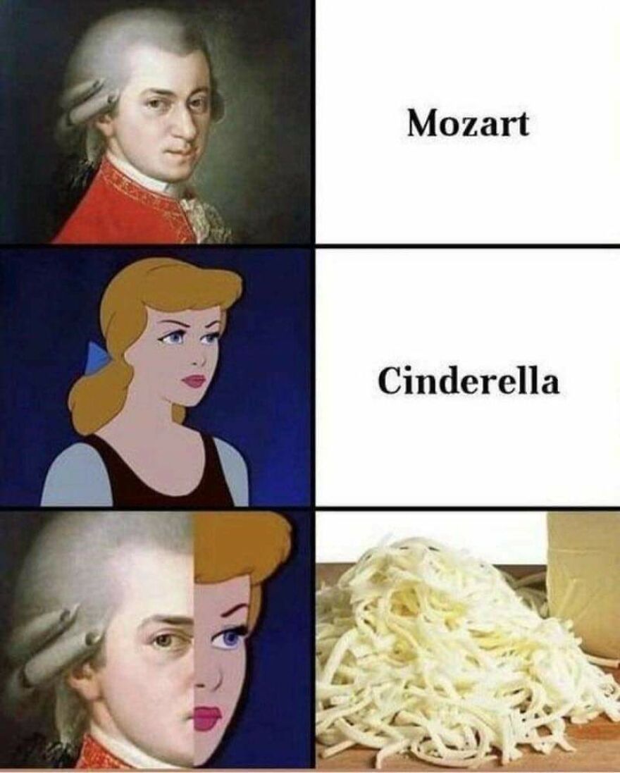 Split image showing Mozart painting, Cinderella animation, combined Mozart-Cinderella face, and a pile of shredded cheese as a joke from horrible jokes collection.