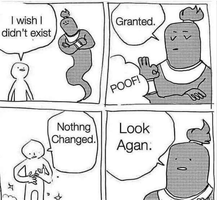 Comic strip showing a joke so horrible it earned an angry upvote with a genie granting a wish that changes nothing.