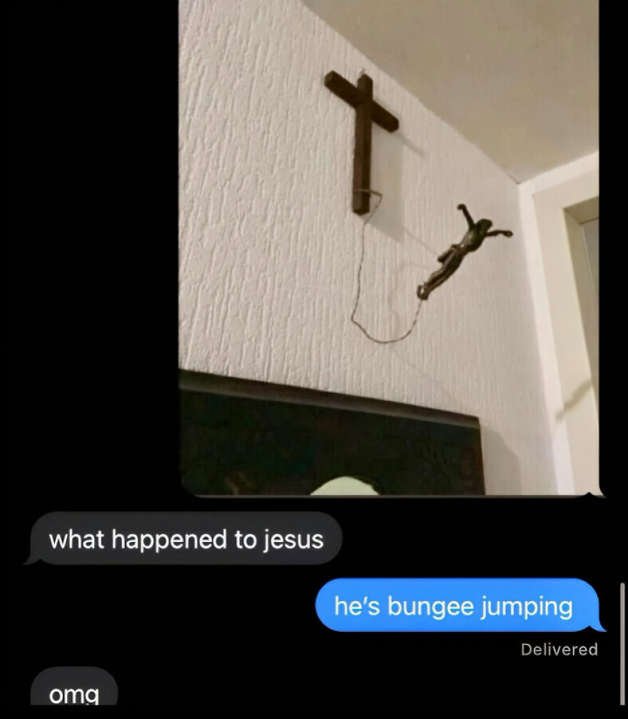 Humorous image of a wall crucifix with Jesus figure bungee jumping, highlighting a horrible joke with angry upvotes.