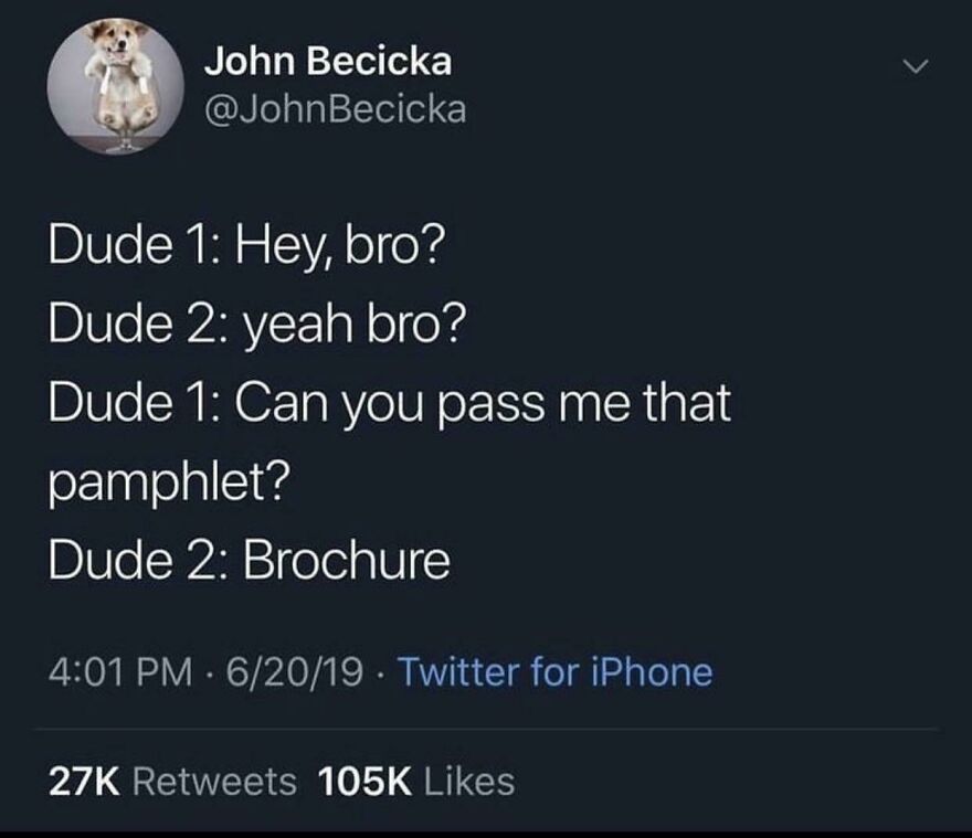 Tweet showing a pun joke about pamphlet versus brochure, illustrating horrible jokes that get angry upvotes online.