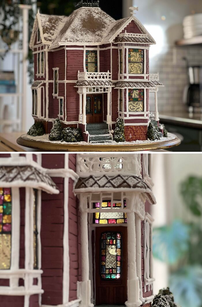 Intricately detailed cake shaped like a Victorian house, showcasing masterfully crafted cake creativity and artistry.