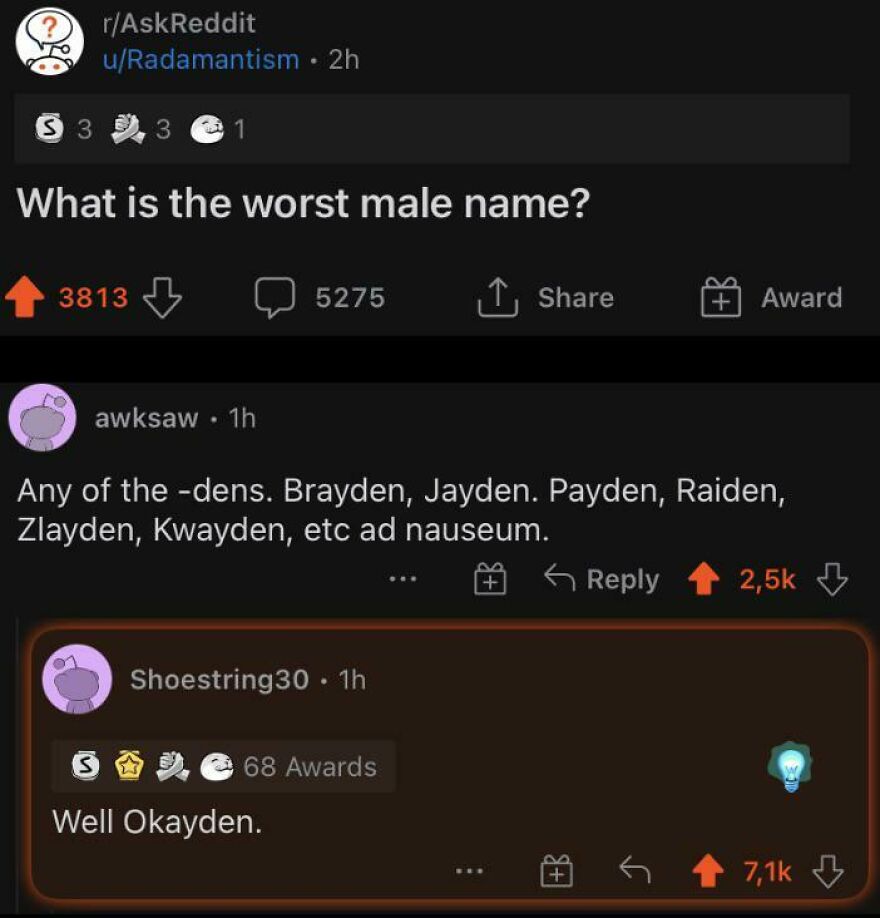 Reddit thread showing a joke about male names receiving angry upvotes for horrible humor and reactions.