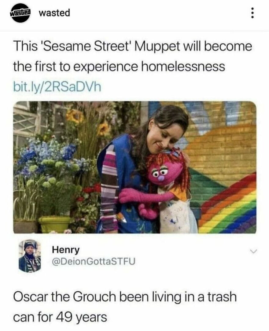 Tweet about a Sesame Street Muppet and a funny comment rewarding a horrible joke with an angry upvote.