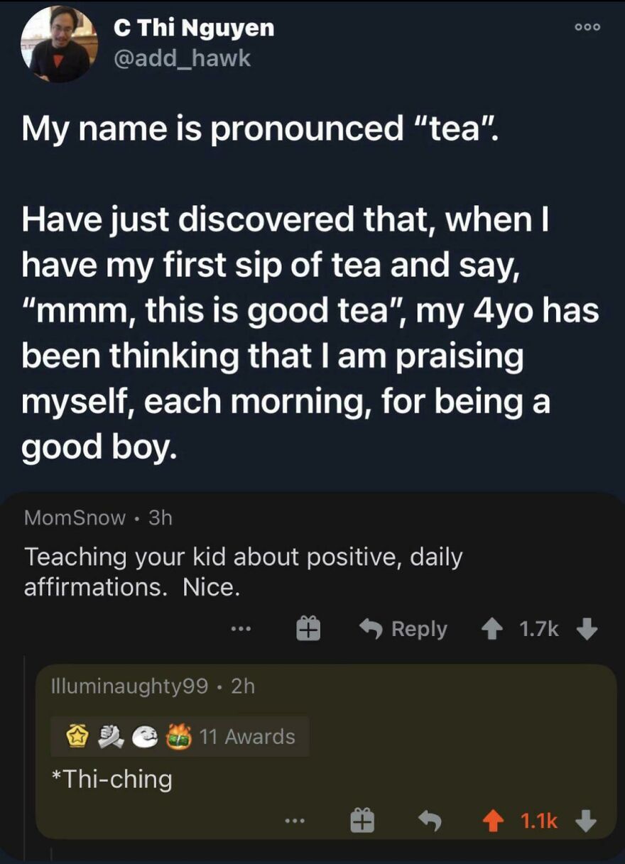Screenshot of a humorous post with an angry upvote about a joke involving the pronunciation of tea.