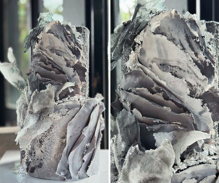 Two-sided view of a masterfully crafted cake featuring intricate, artistic gray and silver textured layers.