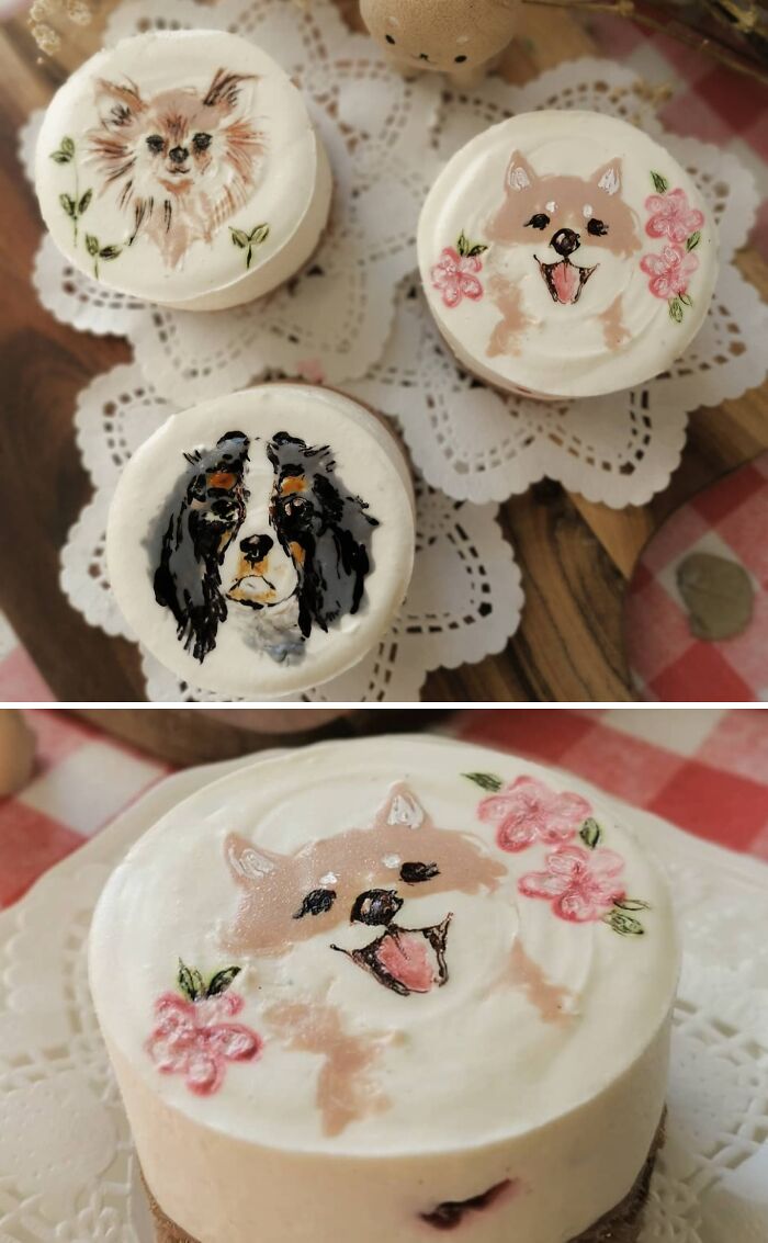 Three masterfully crafted cakes decorated with detailed dog portraits and floral designs on white frosting.