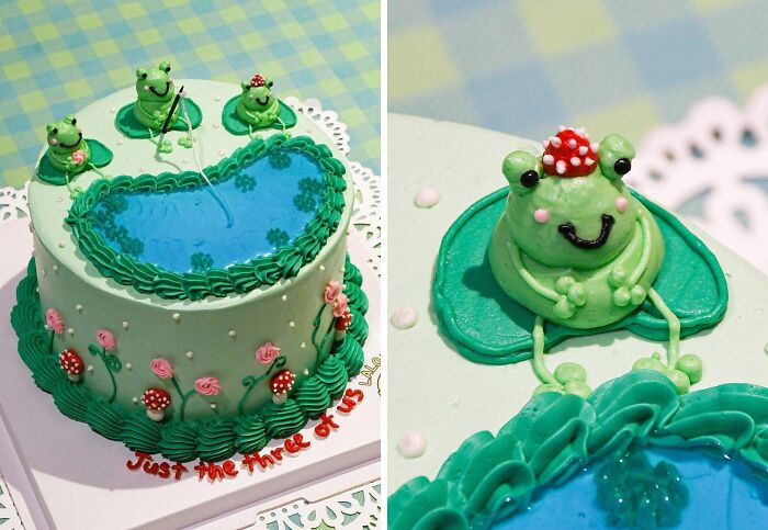 Frog pond cake with detailed frosting decorations showing masterfully crafted cakes and creative design skills.