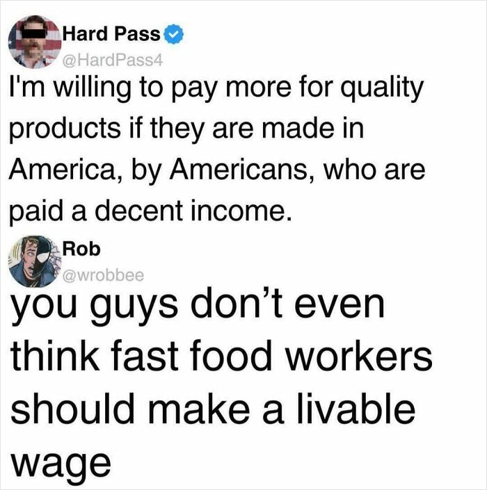 Screenshot of a tweet exchange showing one user calling out others on unfair wages, a notable epic burn of 2025.