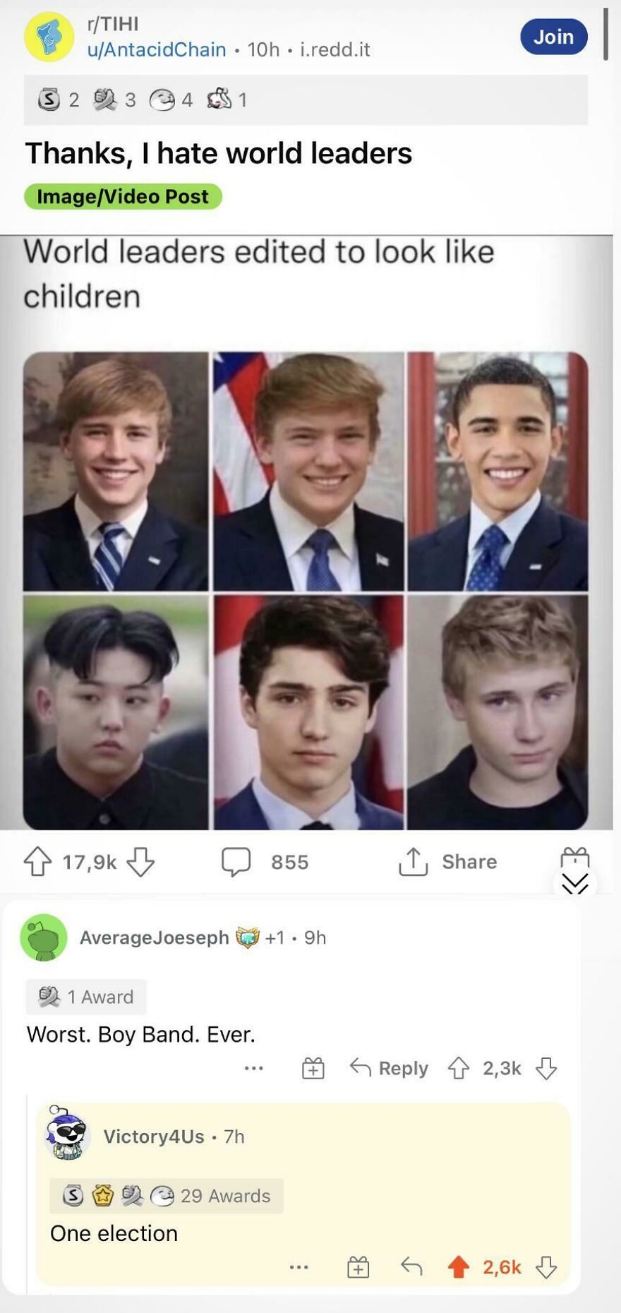 Reddit post showing edited images of world leaders as children, capturing moments of horrible jokes and angry upvotes.
