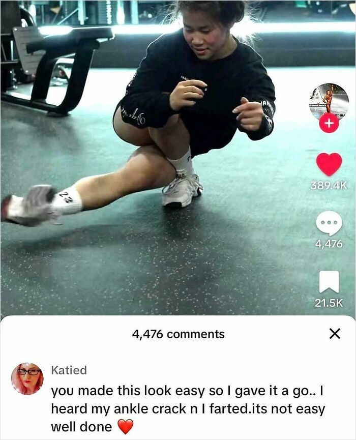 Young woman performing a complex stretch in a gym with viral social media comments showcasing epic burns of 2025.