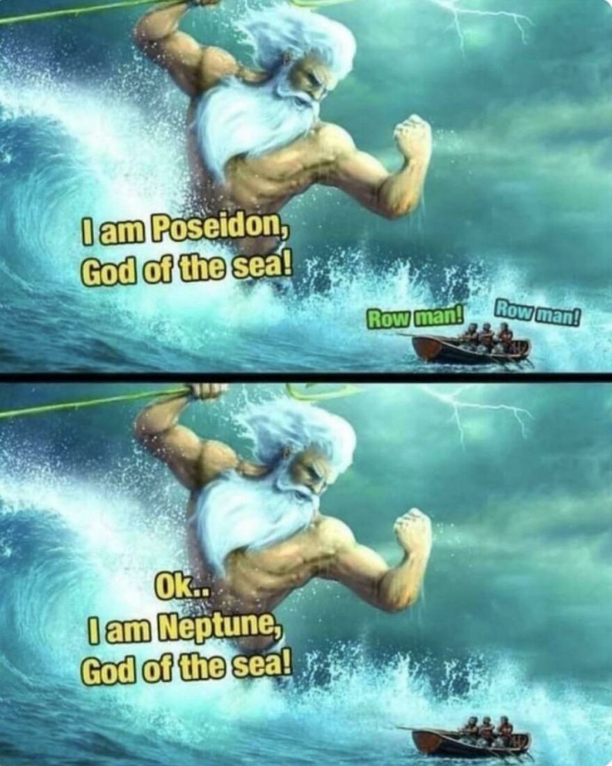Meme of Poseidon and Neptune, gods of the sea, with a boat crew rowing and making a pun in a humorous joke format.