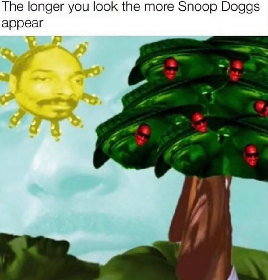 Surreal meme with multiple Snoop Dogg faces on a sun and tree, illustrating a joke so horrible it gets angry upvotes.