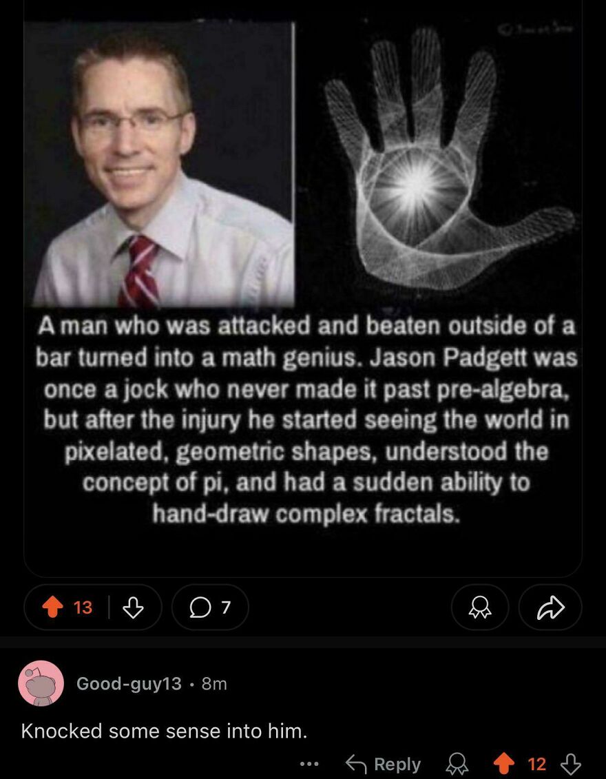 A math genius story with pixelated shapes and fractals shared in a post rewarded with an angry upvote.