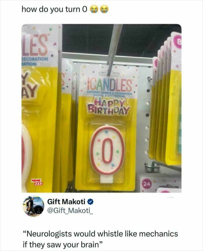 Birthday candle shaped like zero displayed on store shelf with a witty insult below, showcasing epic burns of 2025.
