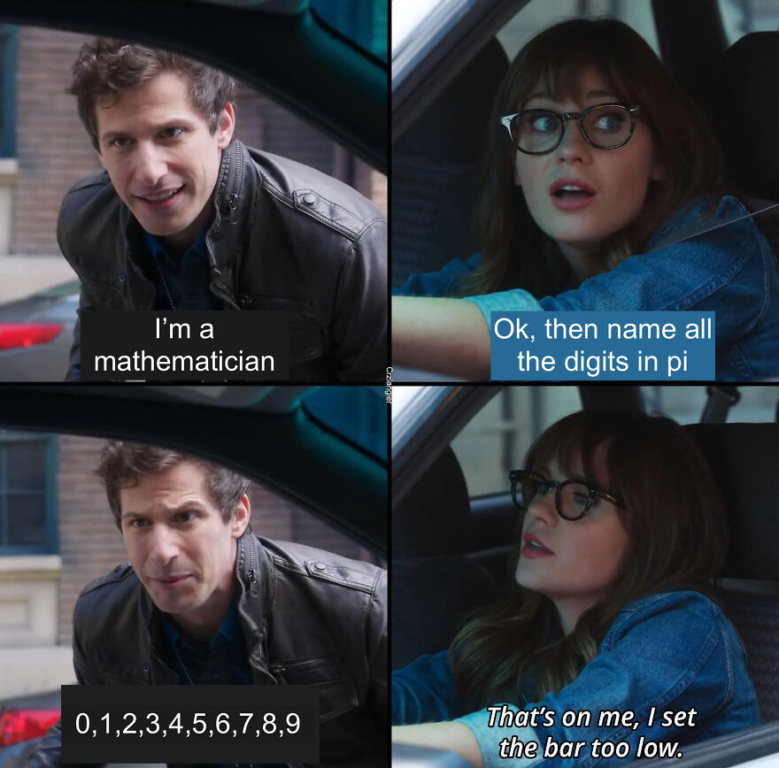 Man and woman in a car sharing a math joke about digits in pi, illustrating horrible jokes with angry upvotes.