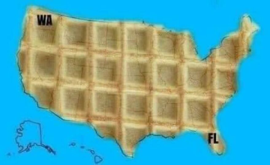 Map of the United States with a waffle pattern overlay, a humorous image related to horrible jokes and angry upvotes.