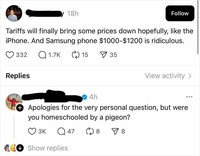 Screenshot of a social media burn where a user replies to a phone price complaint with a sharp, witty insult.