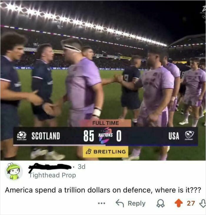 Rugby players shaking hands after Scotland's 85-0 win over USA with a viral witty burn comment on defense spending.