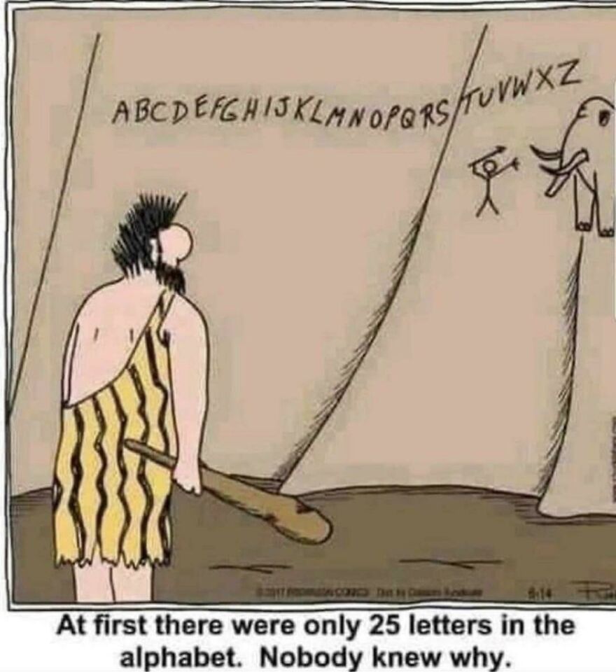 Caveman puzzled by ancient alphabet missing letters, highlighting joke humor in horrible jokes with angry upvote reactions.