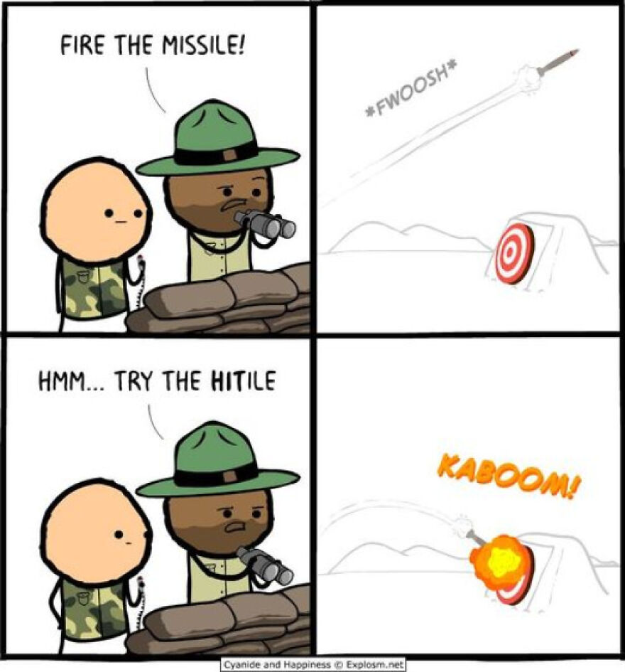 Comic strip showing a joke involving a missile hit and a pun, illustrating horrible jokes that earn angry upvotes.