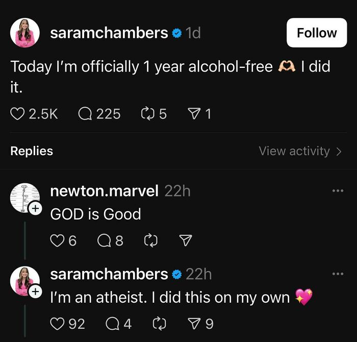 Social media conversation showing an epic burn where an atheist claims credit for being alcohol-free, a top insult in 2025.