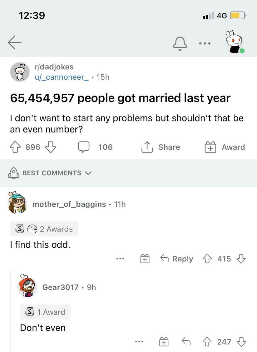 Reddit joke about marriage with odd number, featured in a post rewarding horrible jokes with angry upvotes.