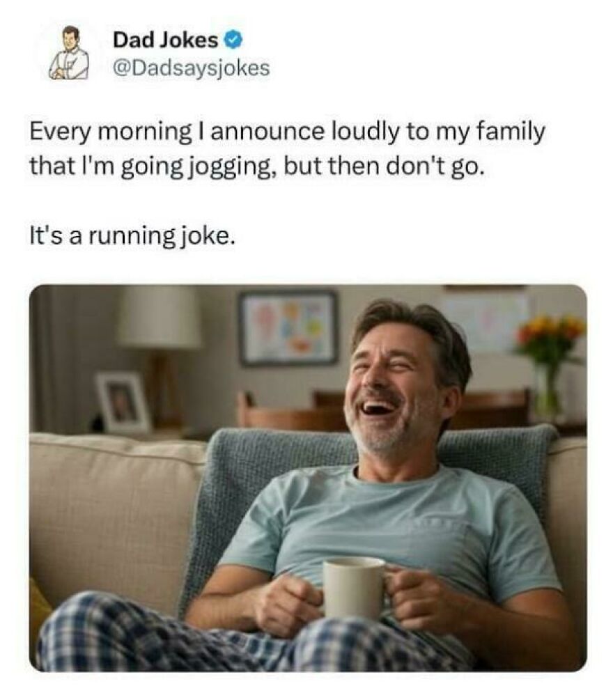 Screenshot of a dad joke about a running joke with a man laughing while holding a mug at home.