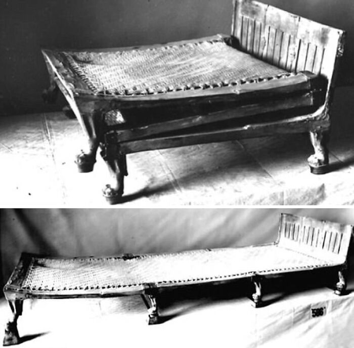 Ancient Egypt wooden bed frame with woven mesh seat showcasing craftsmanship in historical furniture design.