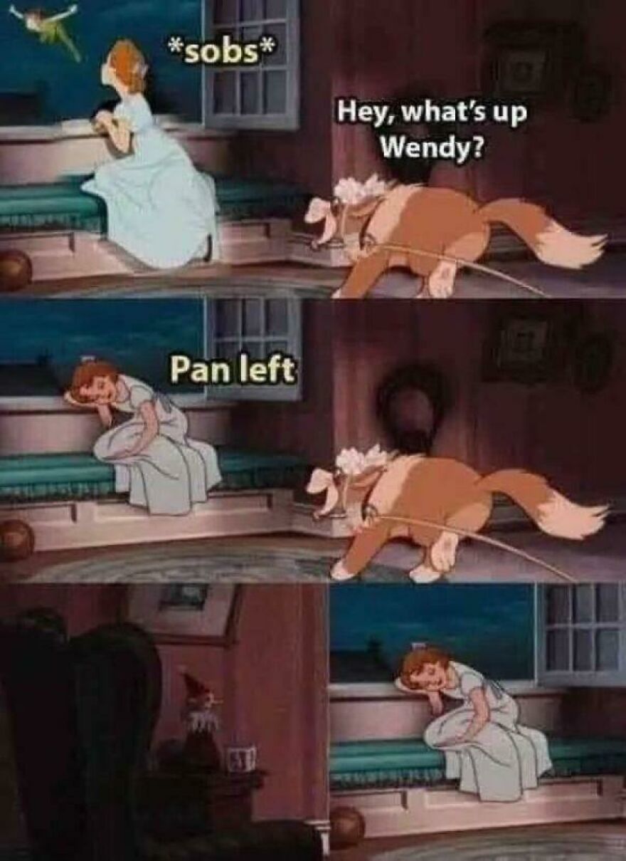 Animated scene showing a dog talking to a sad girl, capturing a moment from a joke with angry upvote reactions.