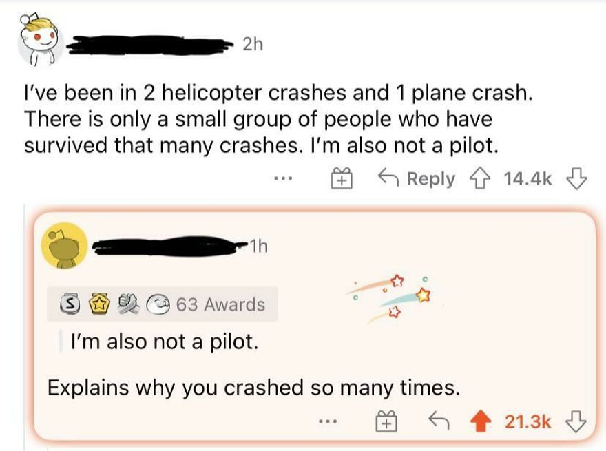 Reddit comment thread showing a horrible joke rewarded with an angry upvote on a story about multiple crash survivals.