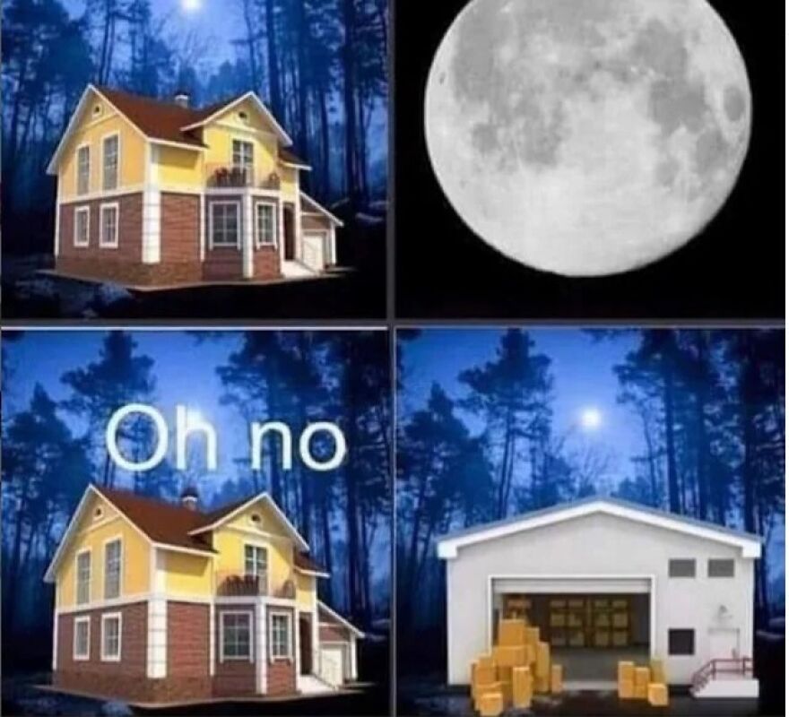 Meme showing a house turning into a storage garage under the moonlight, illustrating a horrible joke with an angry upvote.