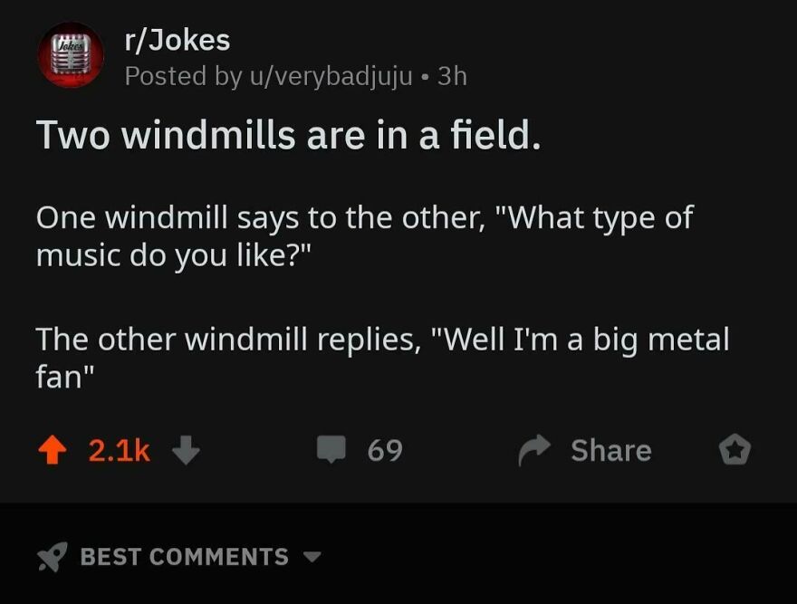 Reddit joke post showing a pun about windmills with an angry upvote and multiple comments on r/Jokes.