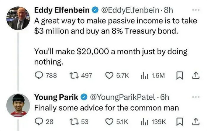 Screenshot of a Twitter exchange offering a math-related passive income example involving an 8% Treasury bond calculation.