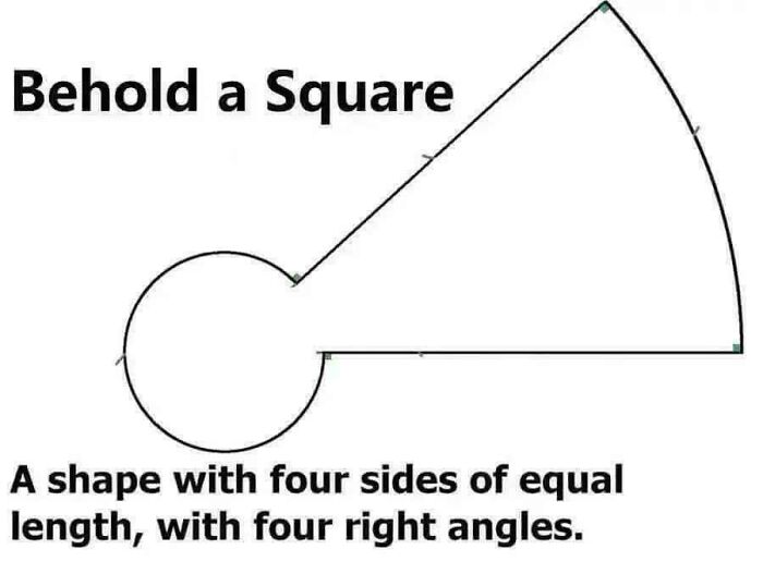 Diagram humorously illustrating an unusual shape described as a square in weird math problems solved by people.