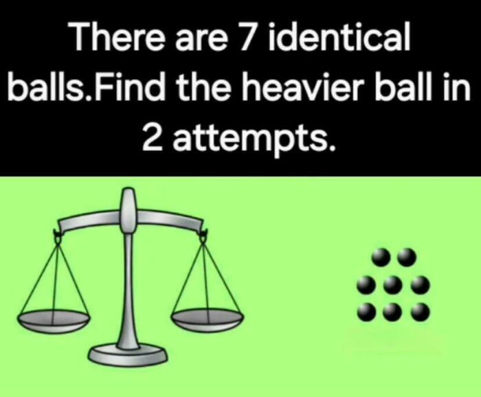 Weirdest math problem showing 7 identical balls and a scale to find the heavier ball in 2 attempts.