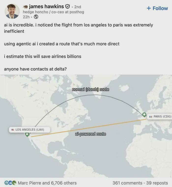 Screenshot of a social media post showing a weird math problem solved with an AI-powered flight route map.
