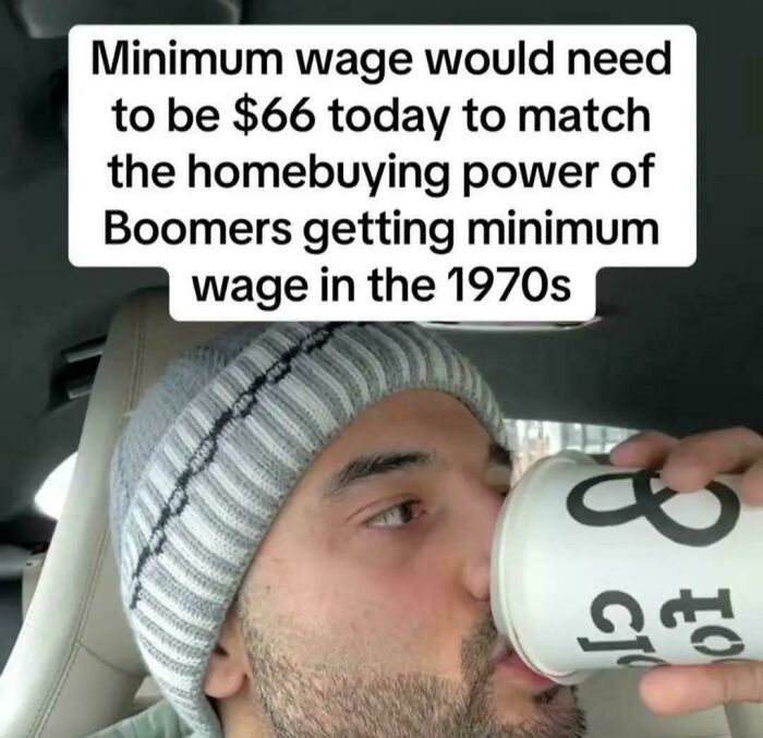 Man wearing beanie drinking from a cup with text about minimum wage math problems comparing 1970s and today.