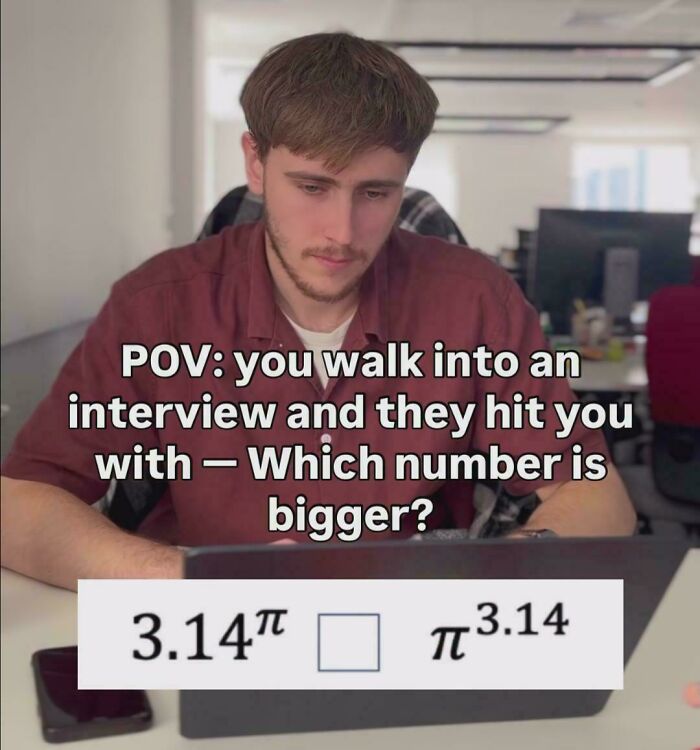 Young man solving weirdest math problems in an interview asking which number is bigger pi powers comparison