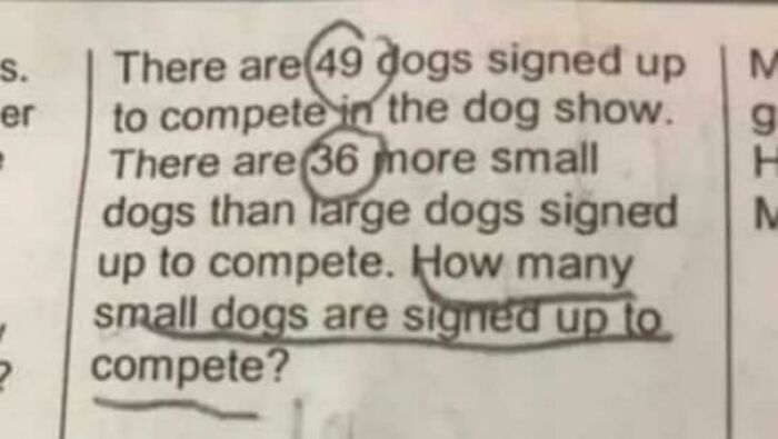 Weird math problem about dogs signed up to compete in a dog show with numbers circled and underlined.