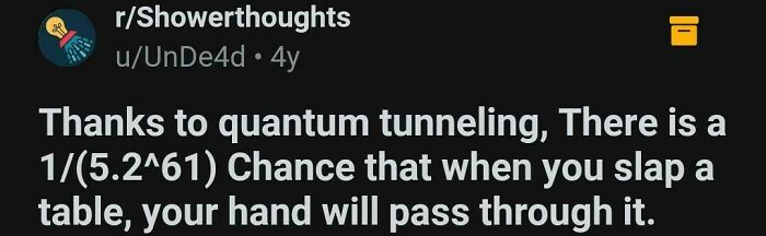 Screenshot of a math-related Reddit post about the quantum tunneling probability when slapping a table.
