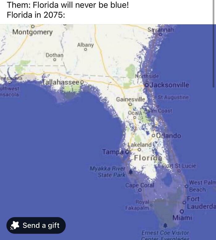 Map showing Florida with rising sea levels flooding coastal areas, illustrating a weird math problem scenario.
