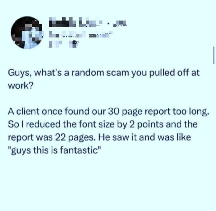 Screenshot of a social media post sharing a funny math problem involving reducing a 30-page report to 22 pages by font size change.