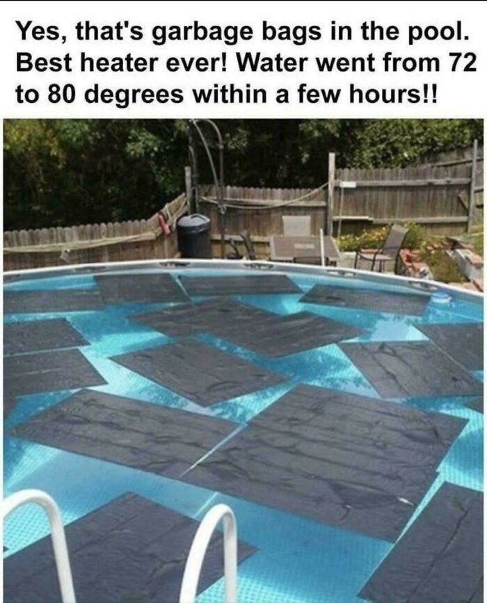 Pool covered with garbage bags to heat water from 72 to 80 degrees, a creative solution among weirdest math problems solved.
