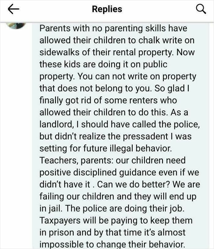Landlord shares complaint about renters’ children chalk writing on sidewalks, highlighting rental nightmares and landlord issues exposed.