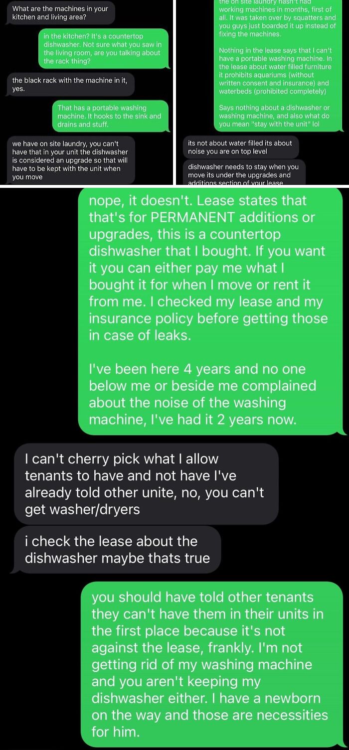 Text message conversation revealing rental nightmares where landlords tried to cut corners over washing machines and dishwashers.